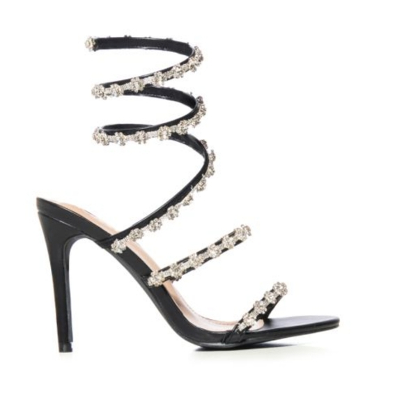 Black and Rhinestone Wrap Around Sandals Stilletto Heels Size 9 - Picture 3 of 5